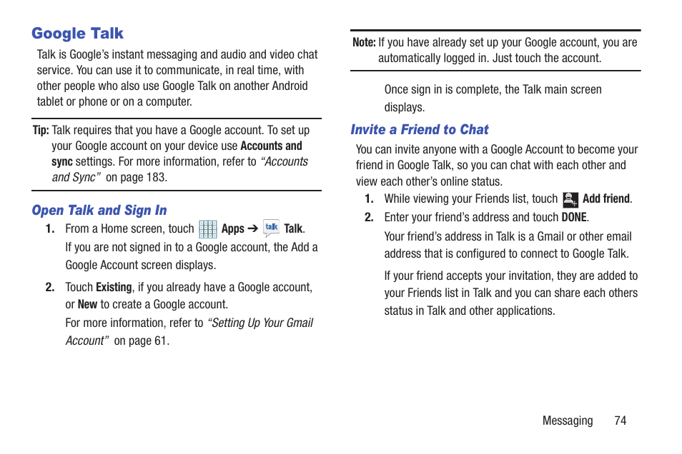 Google talk | Samsung GT-P5113TSYXAR User Manual | Page 79 / 242