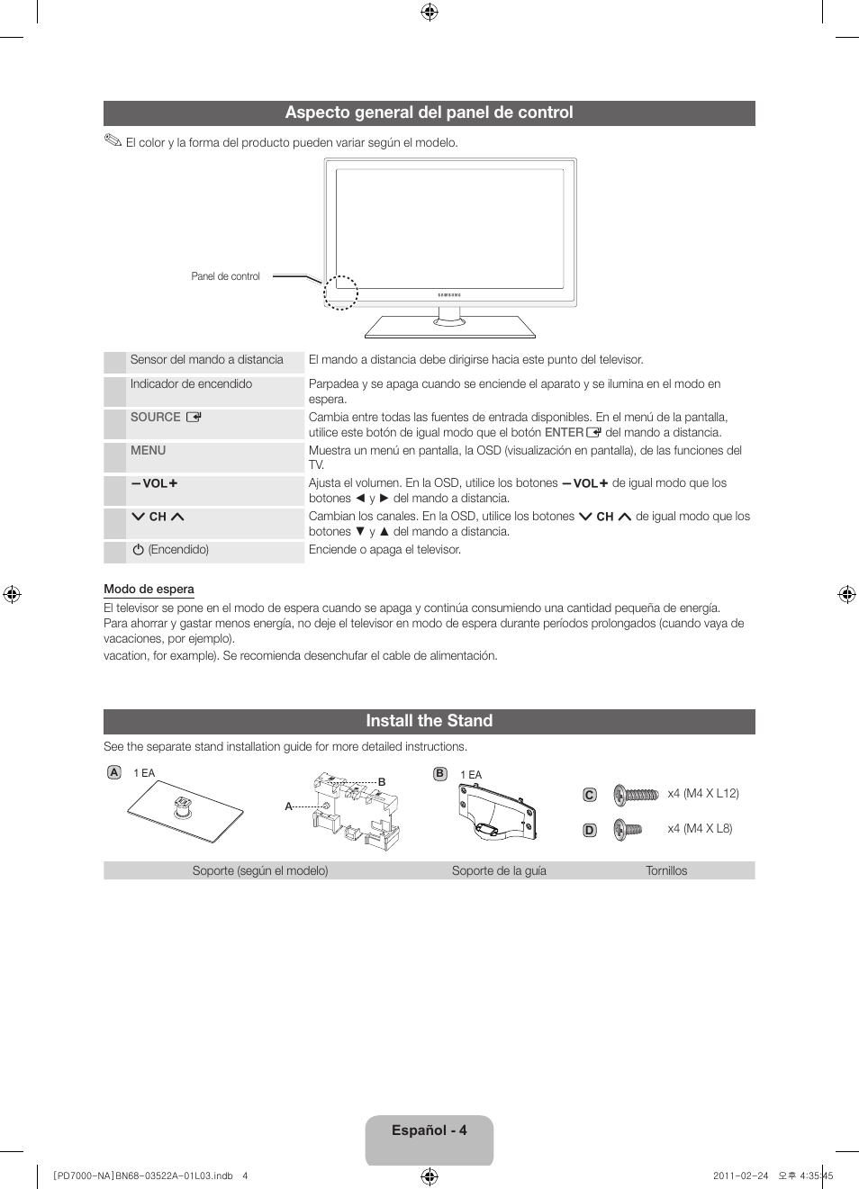 Aspecto general del panel de control, Install the stand | Samsung PN59D7000FFXZA User Manual | Page 26 / 67