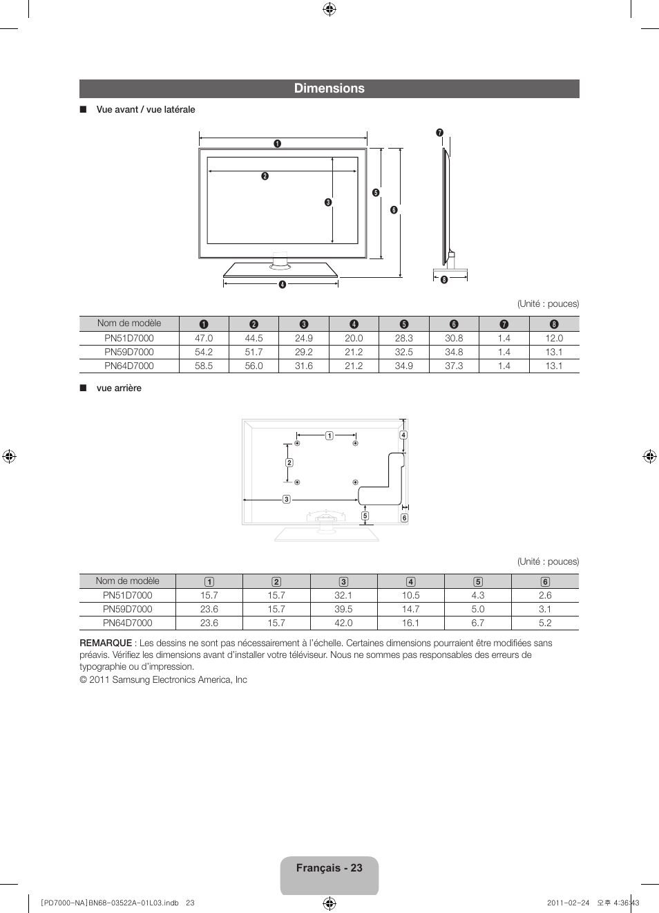 Dimensions | Samsung PN59D7000FFXZA User Manual | Page 67 / 67