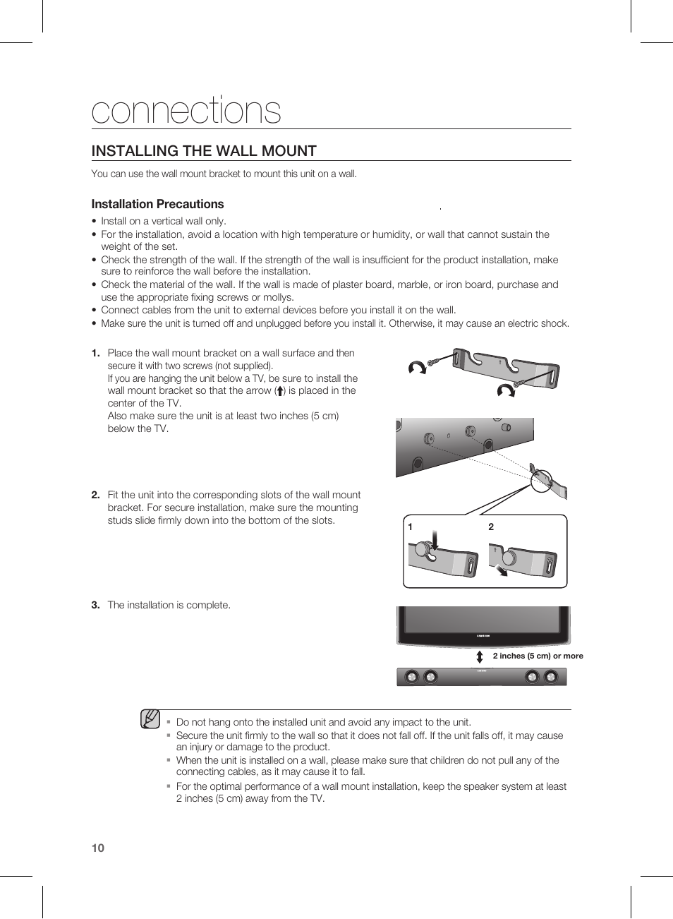 Connections, Installing the wall mount | Samsung HW-E350-ZA User Manual | Page 10 / 23