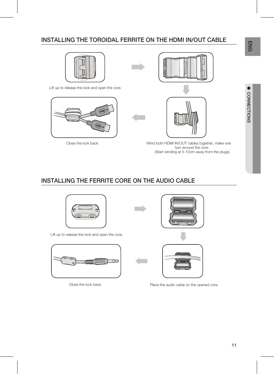 Installing the ferrite core on the audio cable | Samsung HW-E350-ZA User Manual | Page 11 / 23