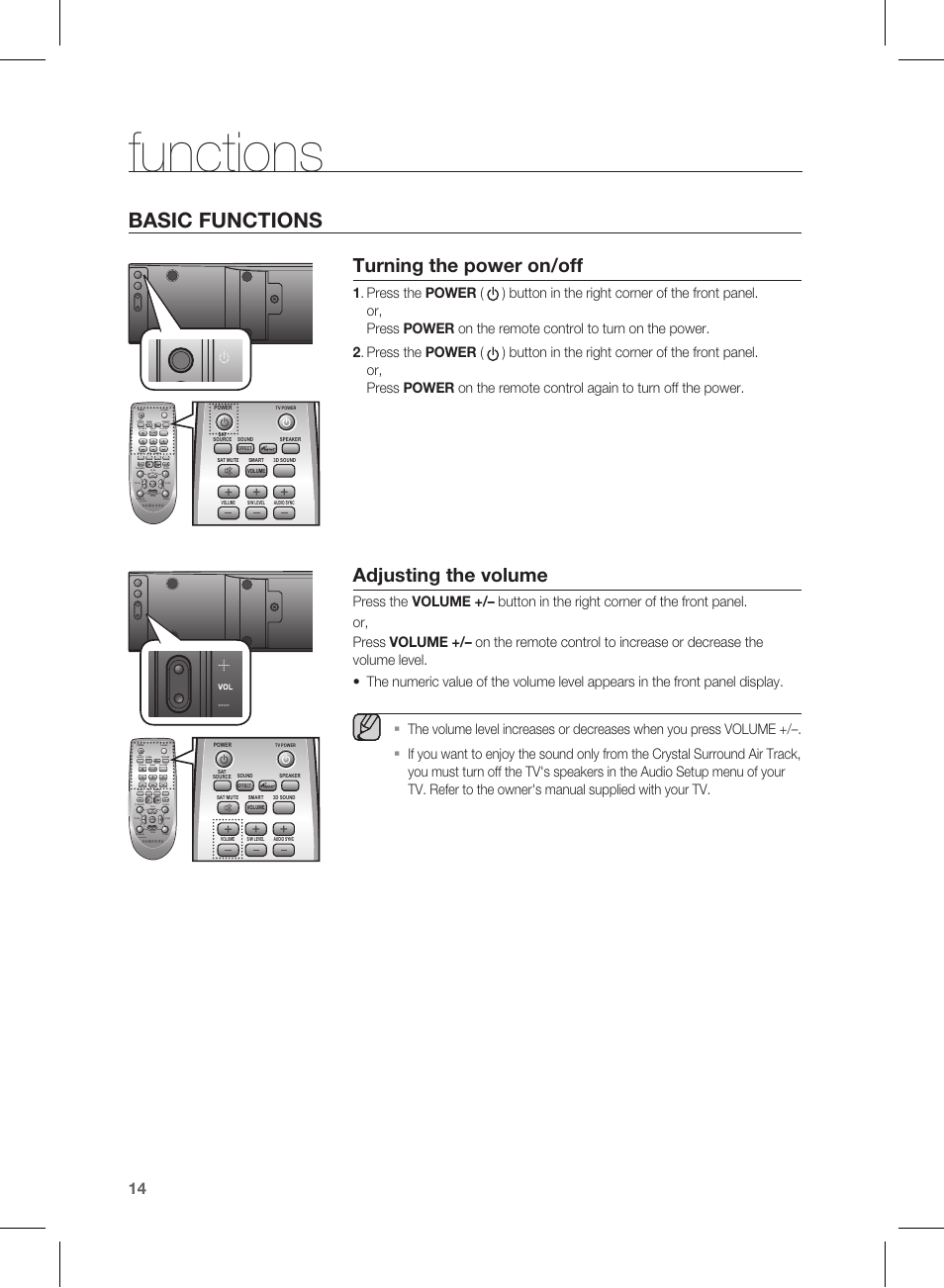 Functions, Basic functions, Turning the power on/off | Adjusting the volume, Effect | Samsung HW-E350-ZA User Manual | Page 14 / 23