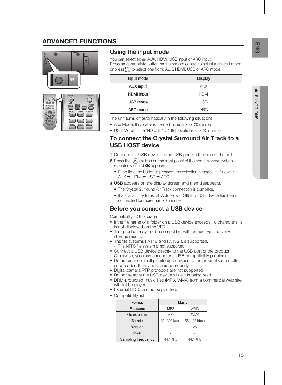 Advanced functions, Using the input mode, Before you connect a usb device | F un ctio n s, Effect | Samsung HW-E350-ZA User Manual | Page 15 / 23