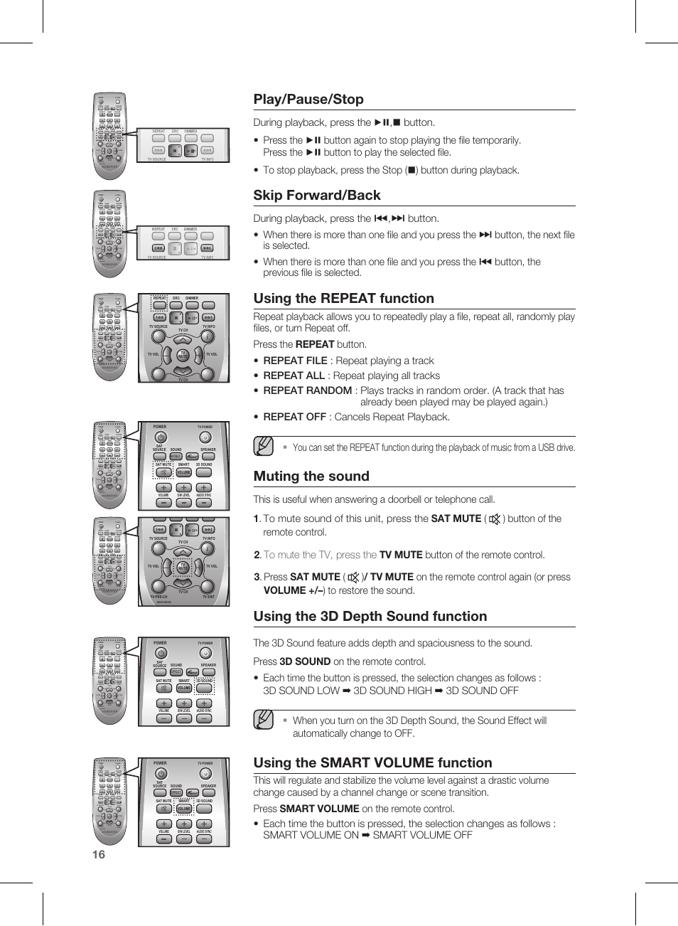 Play/pause/stop, Skip forward/back, Using the repeat function | Muting the sound, Using the 3d depth sound function, Using the smart volume function, Effect | Samsung HW-E350-ZA User Manual | Page 16 / 23