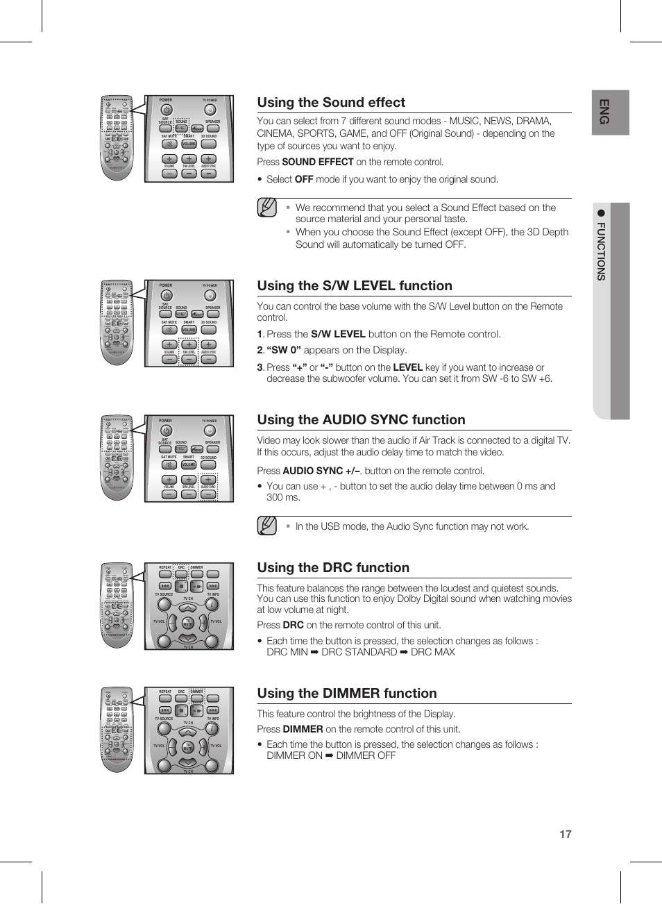 Using the sound effect, Using the s/w level function, Using the audio sync function | Using the drc function, Using the dimmer function, F un ctio n s, Effect | Samsung HW-E350-ZA User Manual | Page 17 / 23