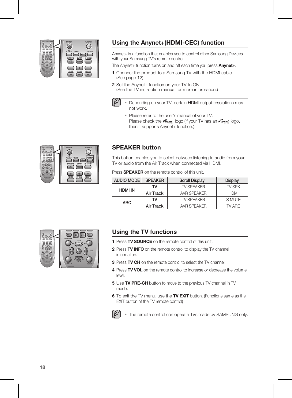 Using the anynet+(hdmi-cec) function, Speaker button, Using the tv functions | Effect | Samsung HW-E350-ZA User Manual | Page 18 / 23