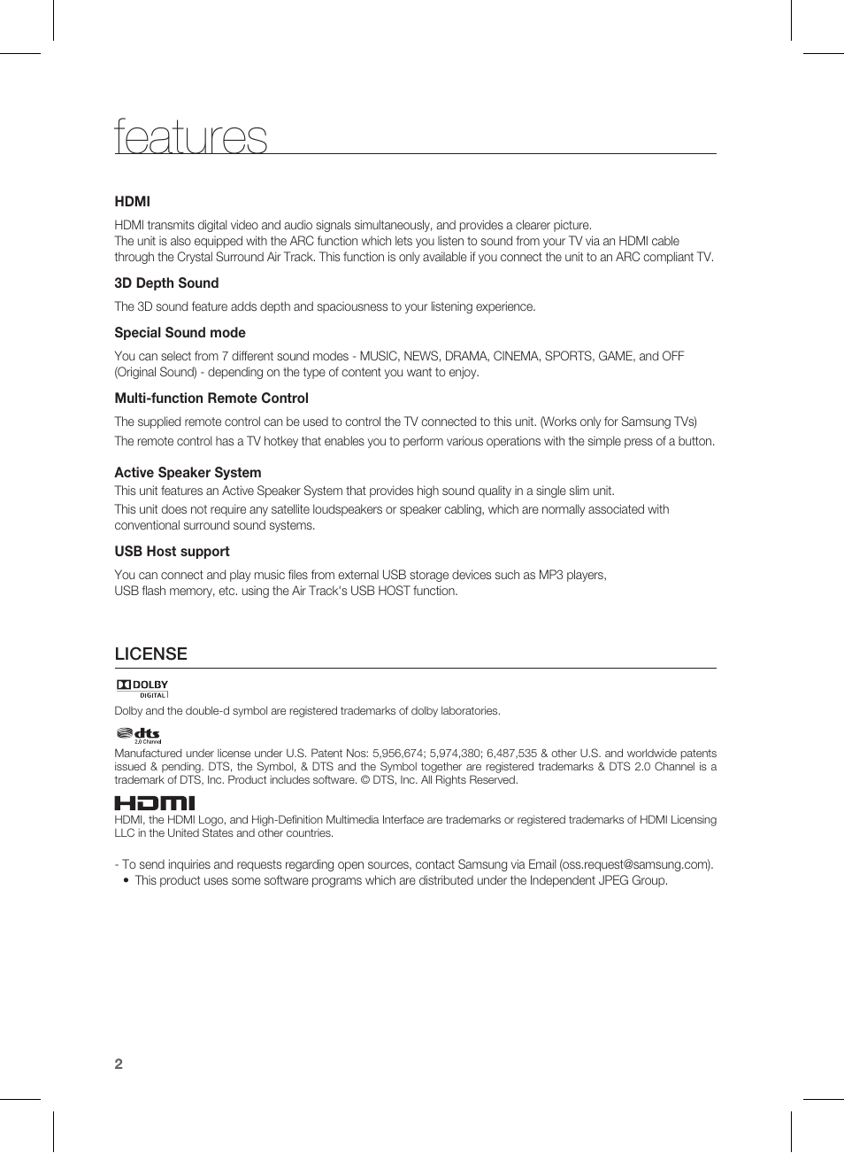 Features, License | Samsung HW-E350-ZA User Manual | Page 2 / 23