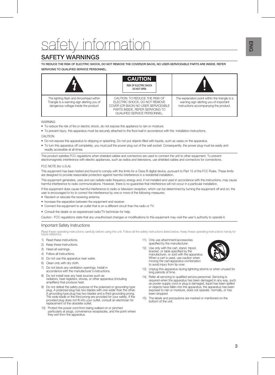 Safety information, Safety warnings, Caution | Samsung HW-E350-ZA User Manual | Page 3 / 23