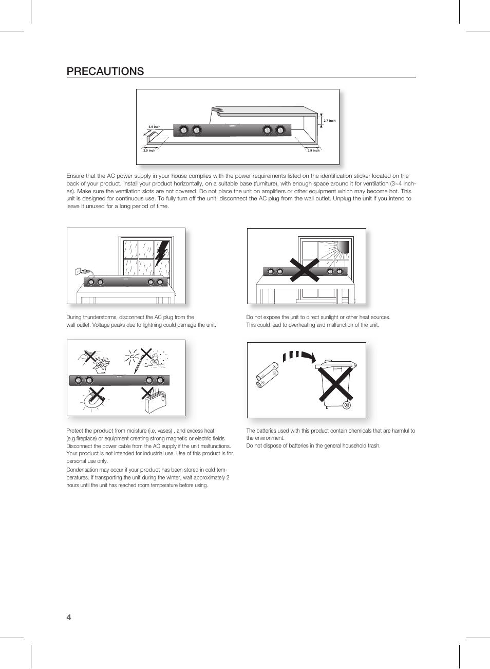 Precautions | Samsung HW-E350-ZA User Manual | Page 4 / 23
