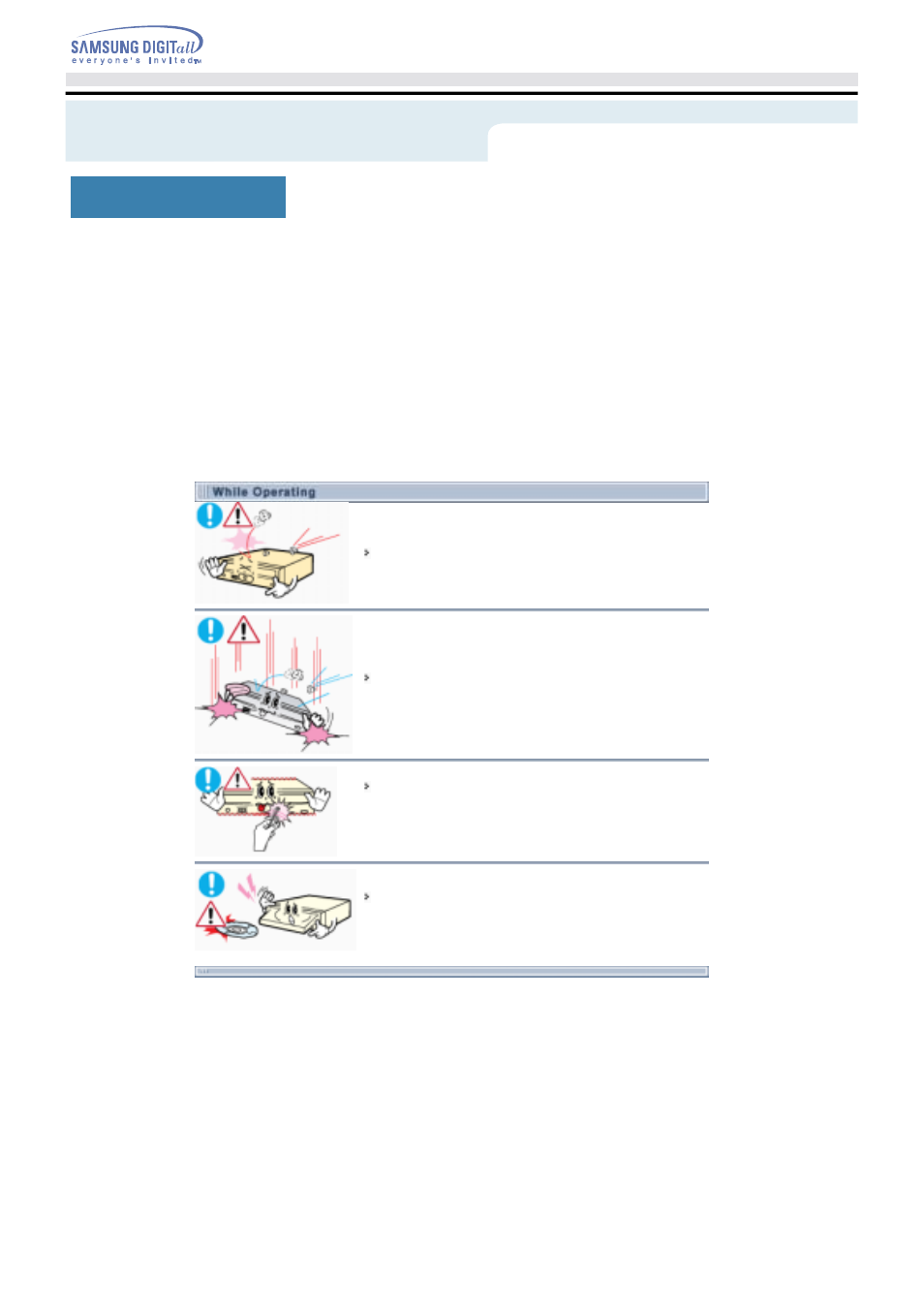While operating, Safety precaution | Samsung SW-252SENB User Manual | Page 4 / 24