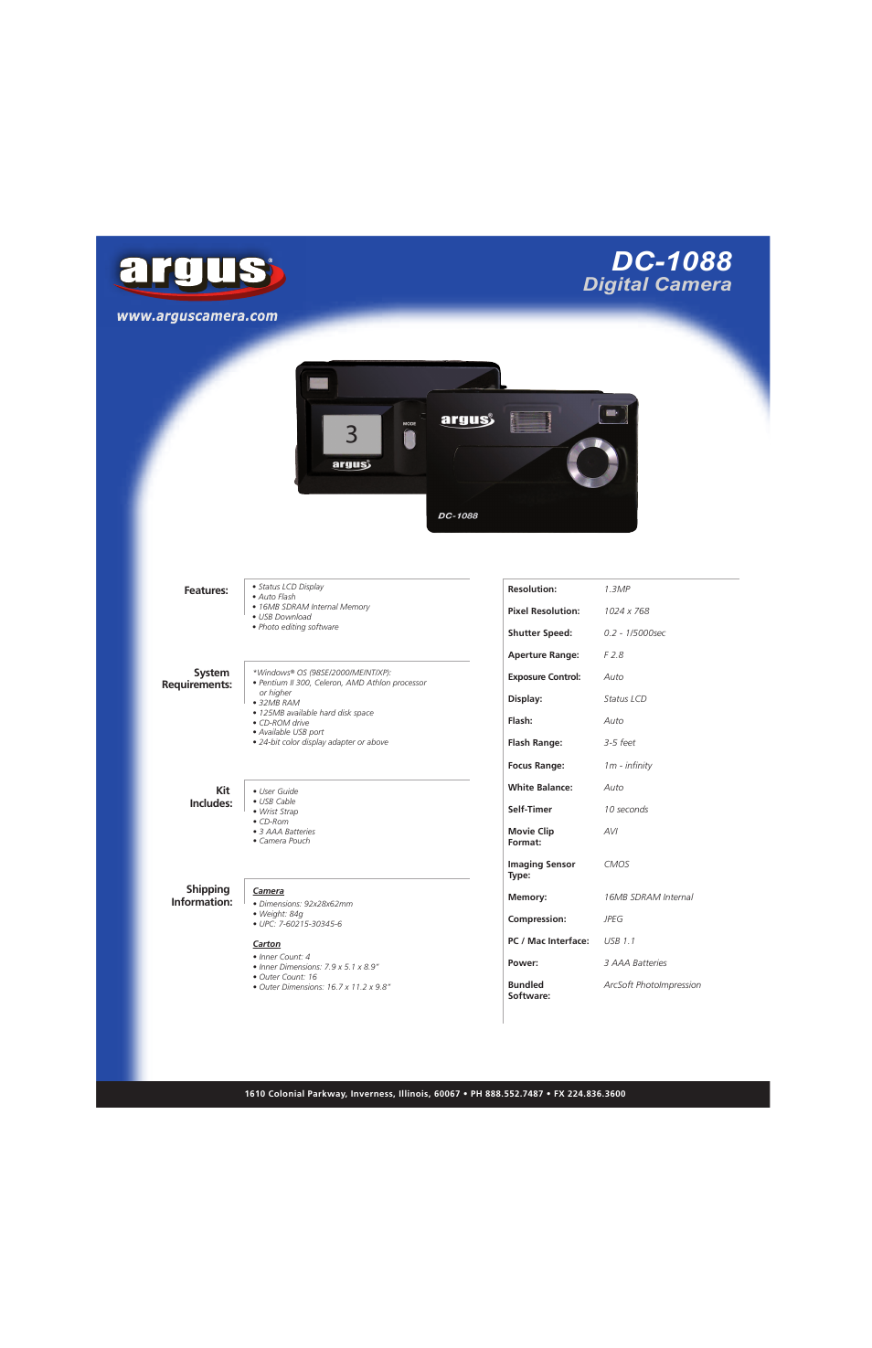 Argus Camera Argus DC-1088 User Manual | 1 page