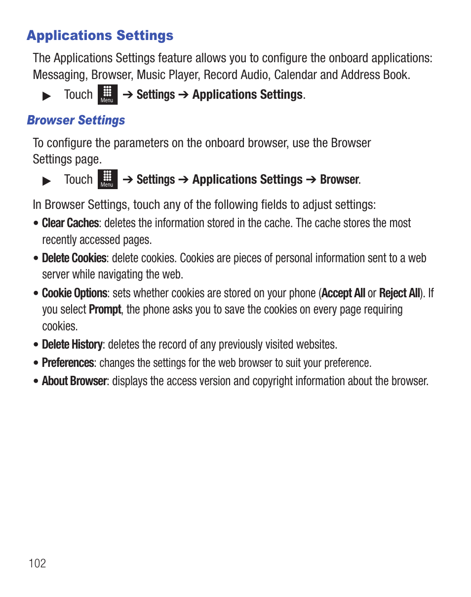 Applications settings | Samsung SGH-T528DBATFN User Manual | Page 106 / 157