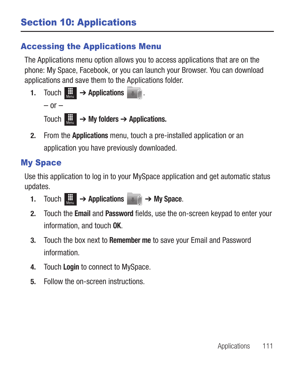 Section 10: applications, Accessing the applications menu, My space | Samsung SGH-T528DBATFN User Manual | Page 115 / 157