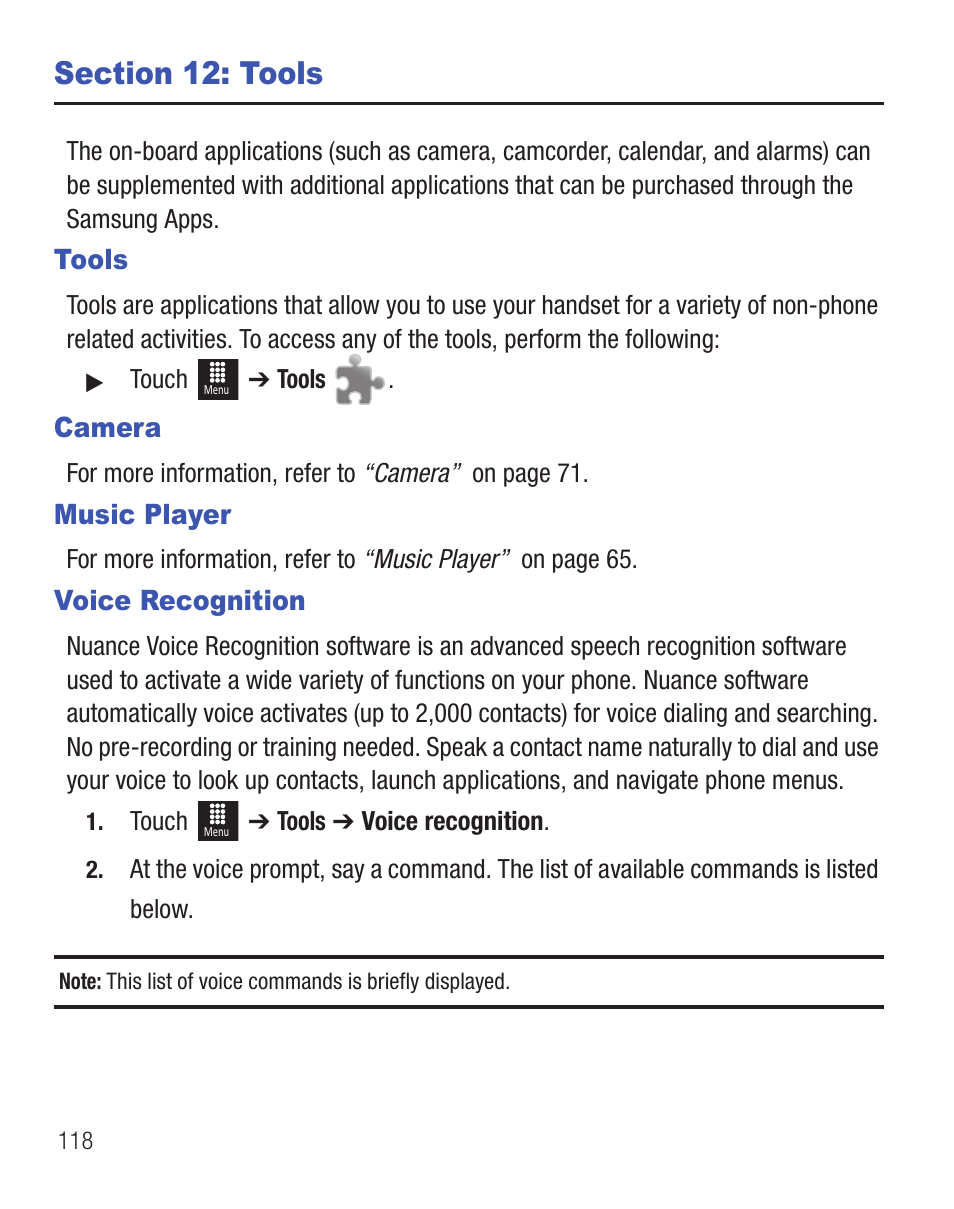 Section 12: tools, Tools, Camera | Music player, Voice recognition | Samsung SGH-T528DBATFN User Manual | Page 122 / 157