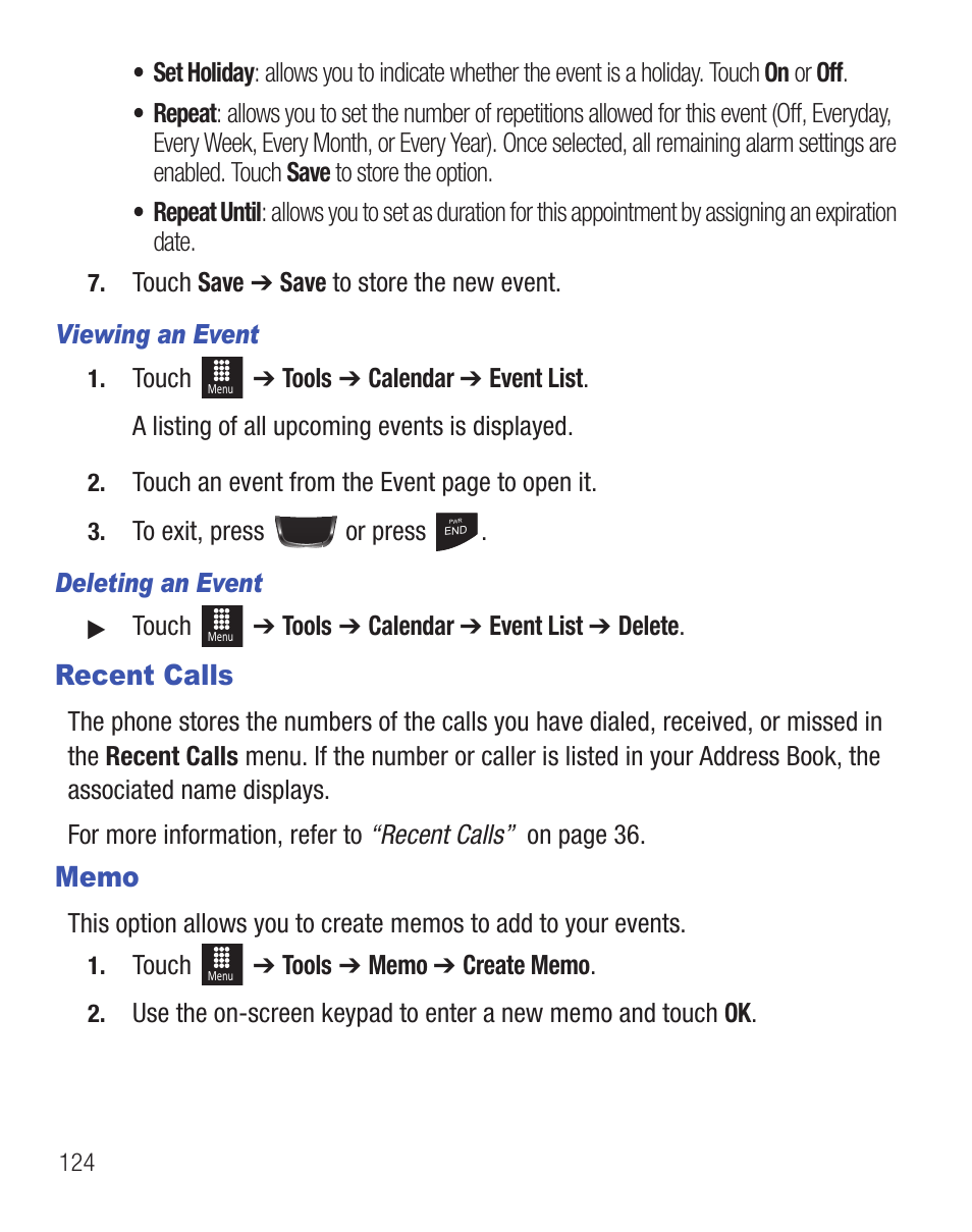 Recent calls, Memo | Samsung SGH-T528DBATFN User Manual | Page 128 / 157