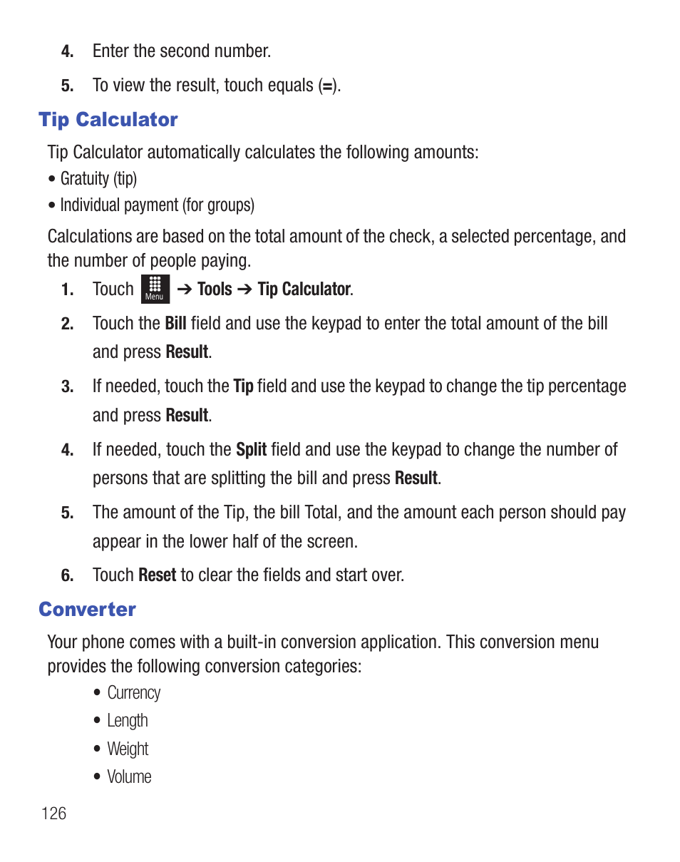 Tip calculator, Converter | Samsung SGH-T528DBATFN User Manual | Page 130 / 157