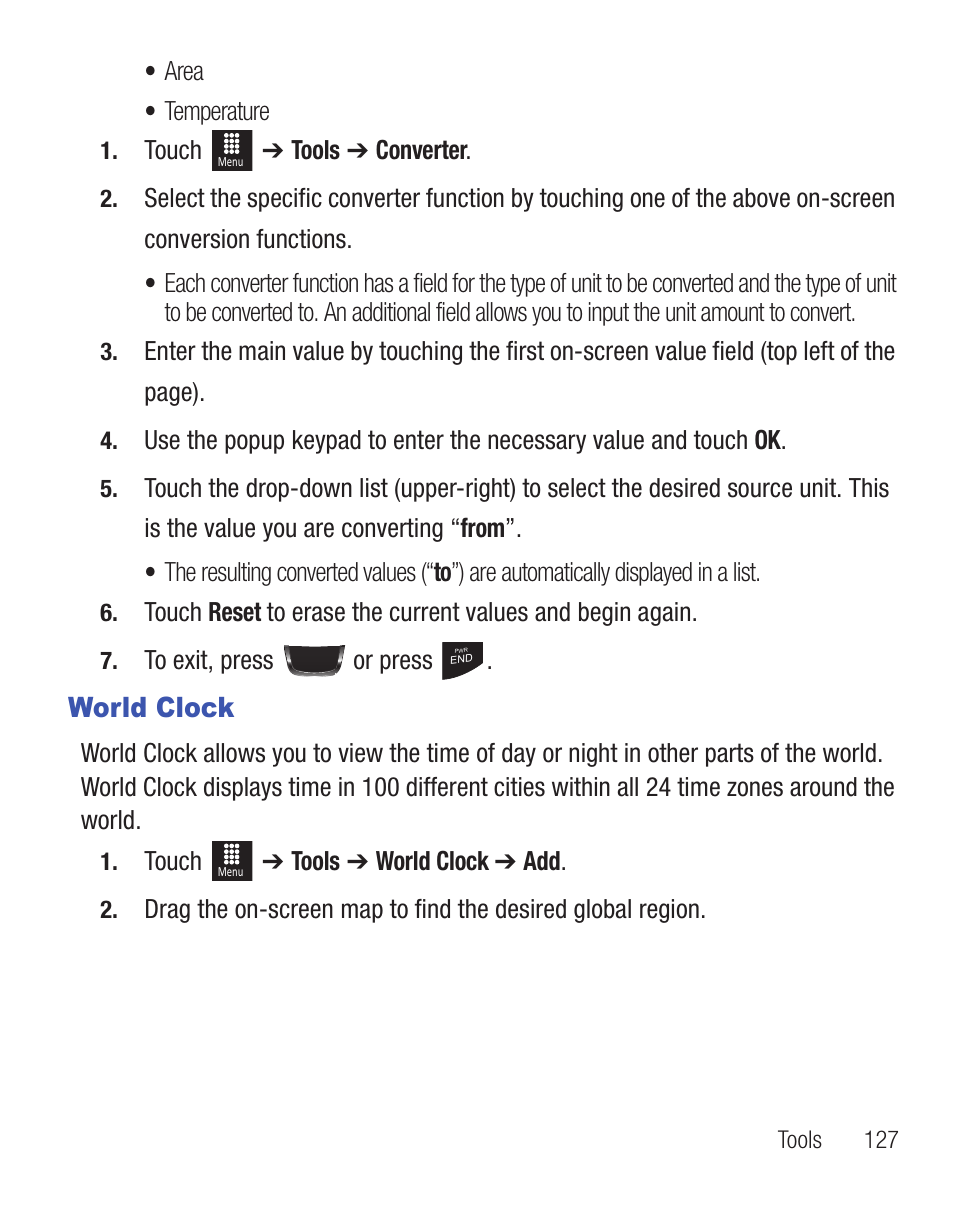 World clock | Samsung SGH-T528DBATFN User Manual | Page 131 / 157