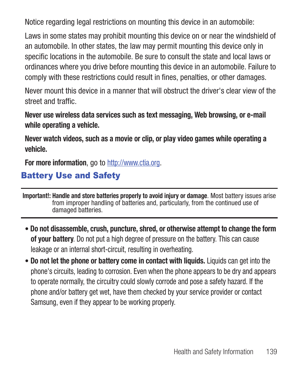 Battery use and safety | Samsung SGH-T528DBATFN User Manual | Page 143 / 157