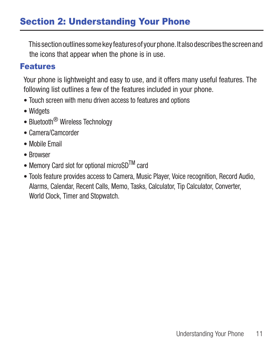 Section 2: understanding your phone, Features | Samsung SGH-T528DBATFN User Manual | Page 15 / 157