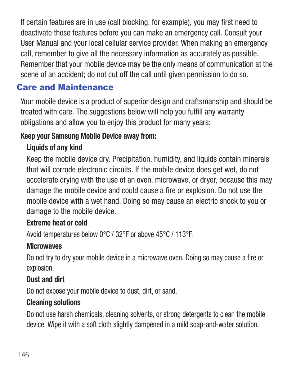 Care and maintenance | Samsung SGH-T528DBATFN User Manual | Page 150 / 157