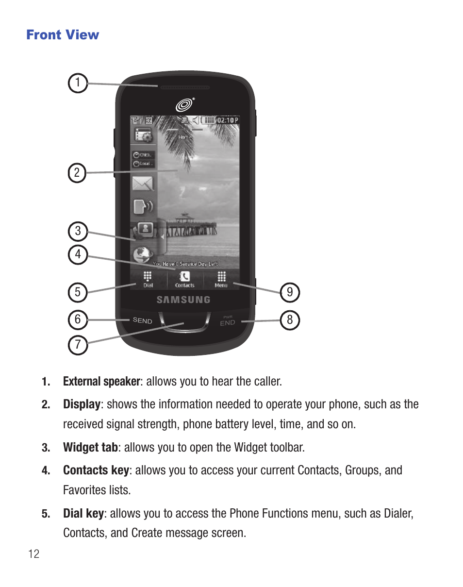 Front view | Samsung SGH-T528DBATFN User Manual | Page 16 / 157