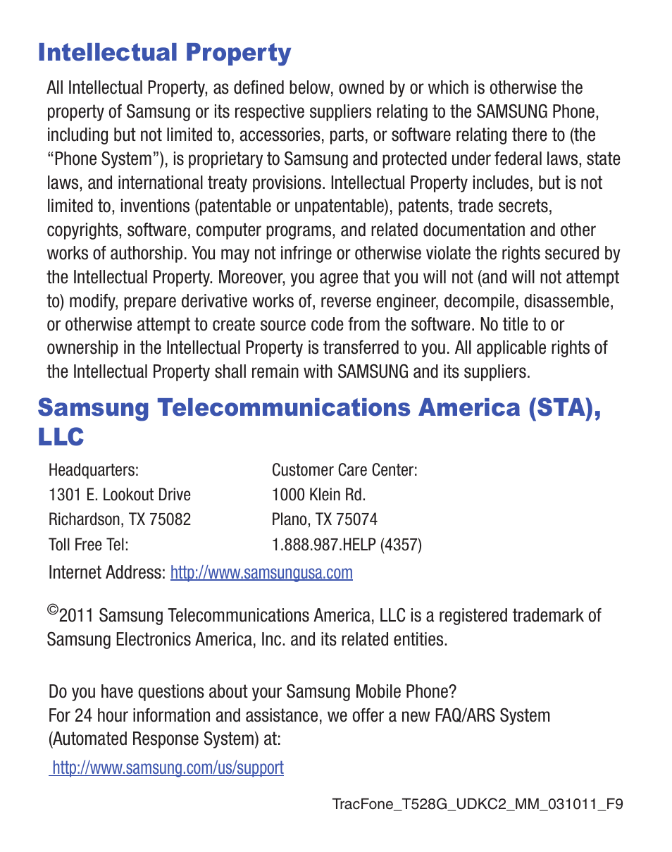 Intellectual property, Samsung telecommunications america (sta), llc | Samsung SGH-T528DBATFN User Manual | Page 2 / 157