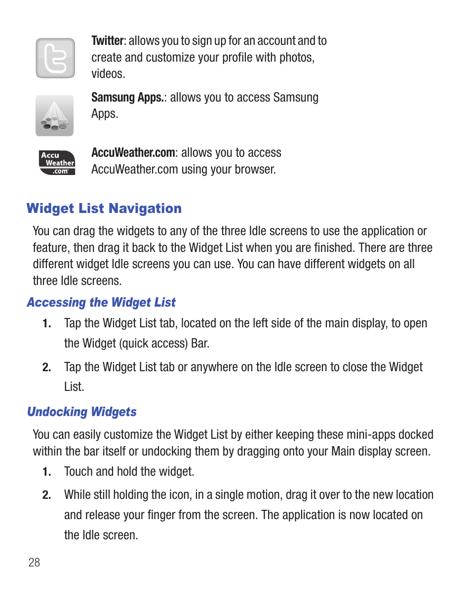 Widget list navigation | Samsung SGH-T528DBATFN User Manual | Page 32 / 157