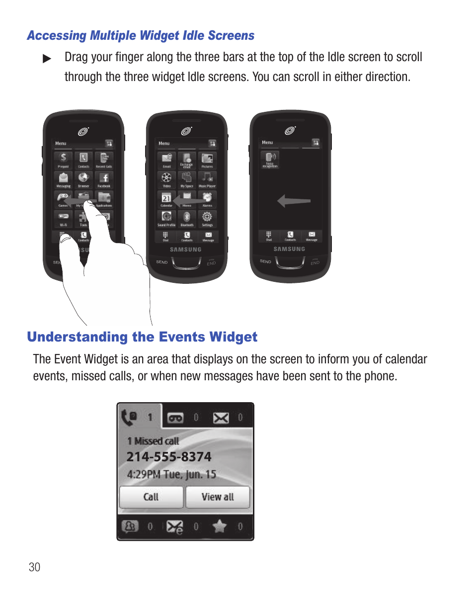 Understanding the events widget, Accessing multiple widget idle screens | Samsung SGH-T528DBATFN User Manual | Page 34 / 157