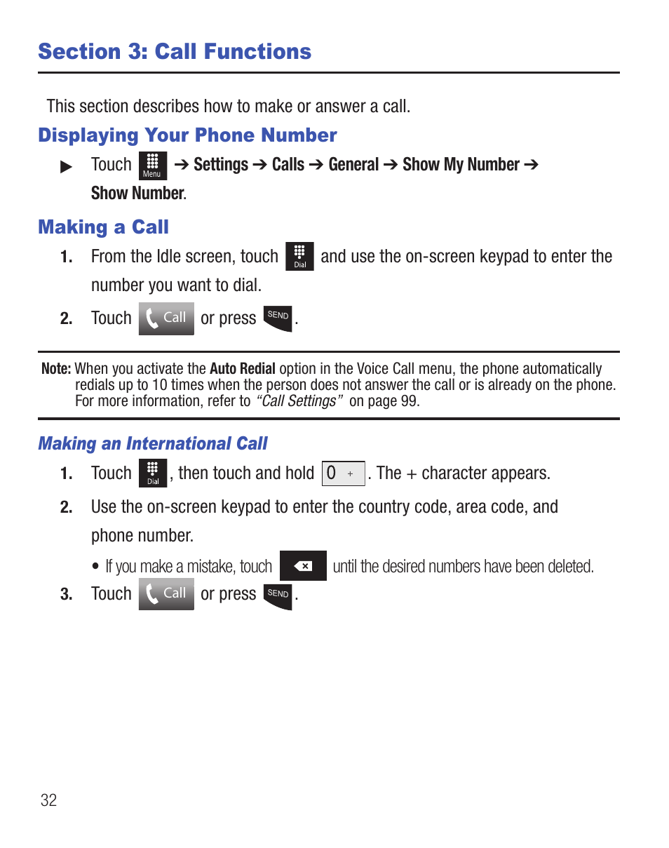 Section 3: call functions, Displaying your phone number, Making a call | Samsung SGH-T528DBATFN User Manual | Page 36 / 157