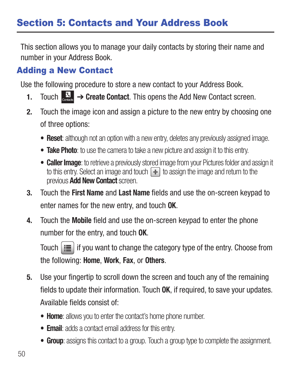 Section 5: contacts and your address book, Adding a new contact | Samsung SGH-T528DBATFN User Manual | Page 54 / 157