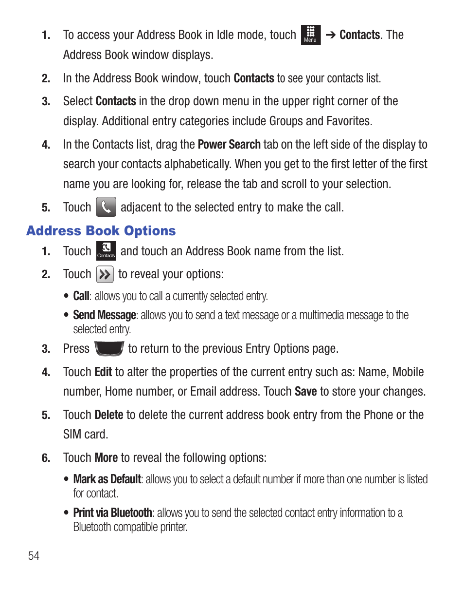 Address book options | Samsung SGH-T528DBATFN User Manual | Page 58 / 157