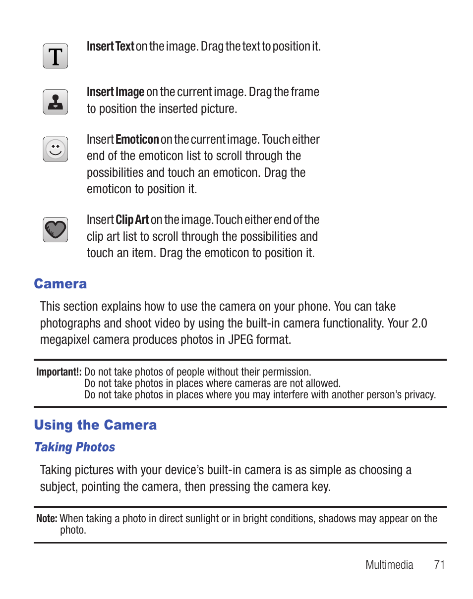 Camera, Using the camera | Samsung SGH-T528DBATFN User Manual | Page 75 / 157