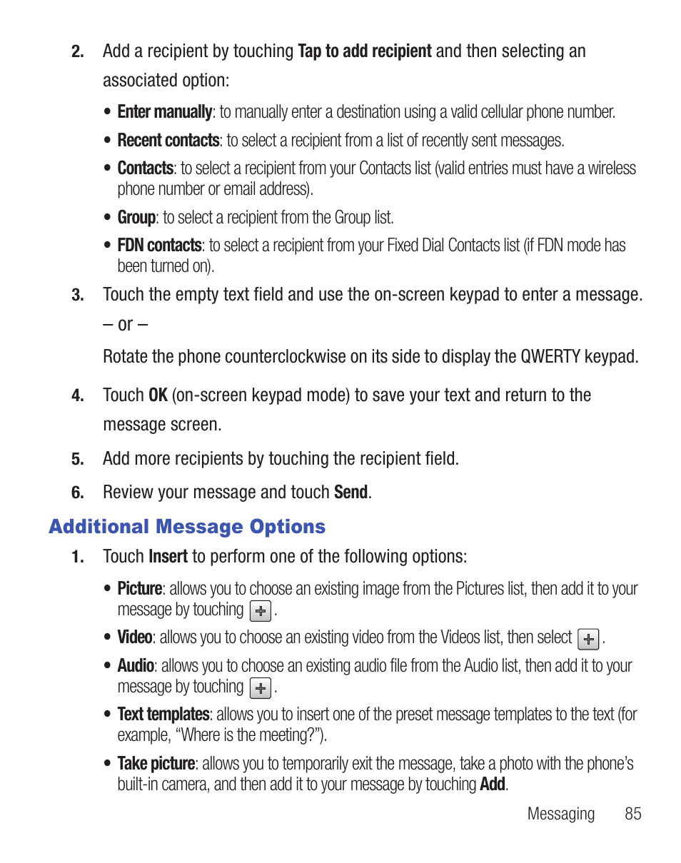 Additional message options | Samsung SGH-T528DBATFN User Manual | Page 89 / 157