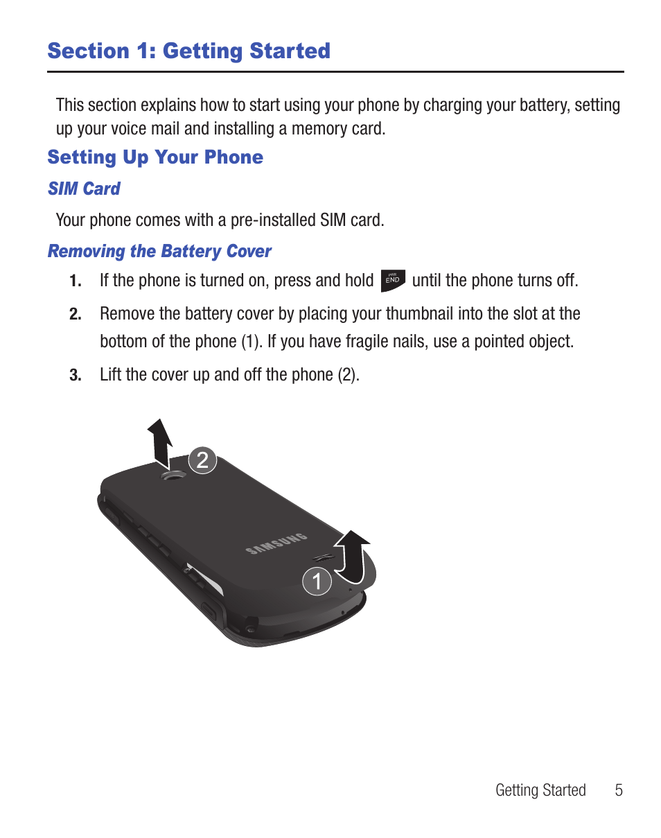 Section 1: getting started, Setting up your phone | Samsung SGH-T528DBATFN User Manual | Page 9 / 157
