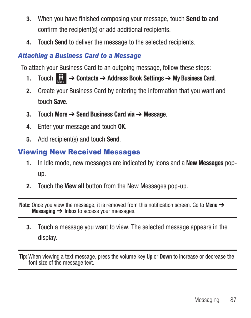 Viewing new received messages | Samsung SGH-T528DBATFN User Manual | Page 91 / 157