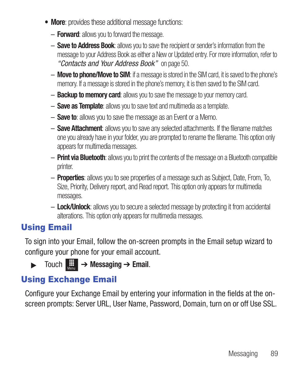 Using email, Using exchange email | Samsung SGH-T528DBATFN User Manual | Page 93 / 157