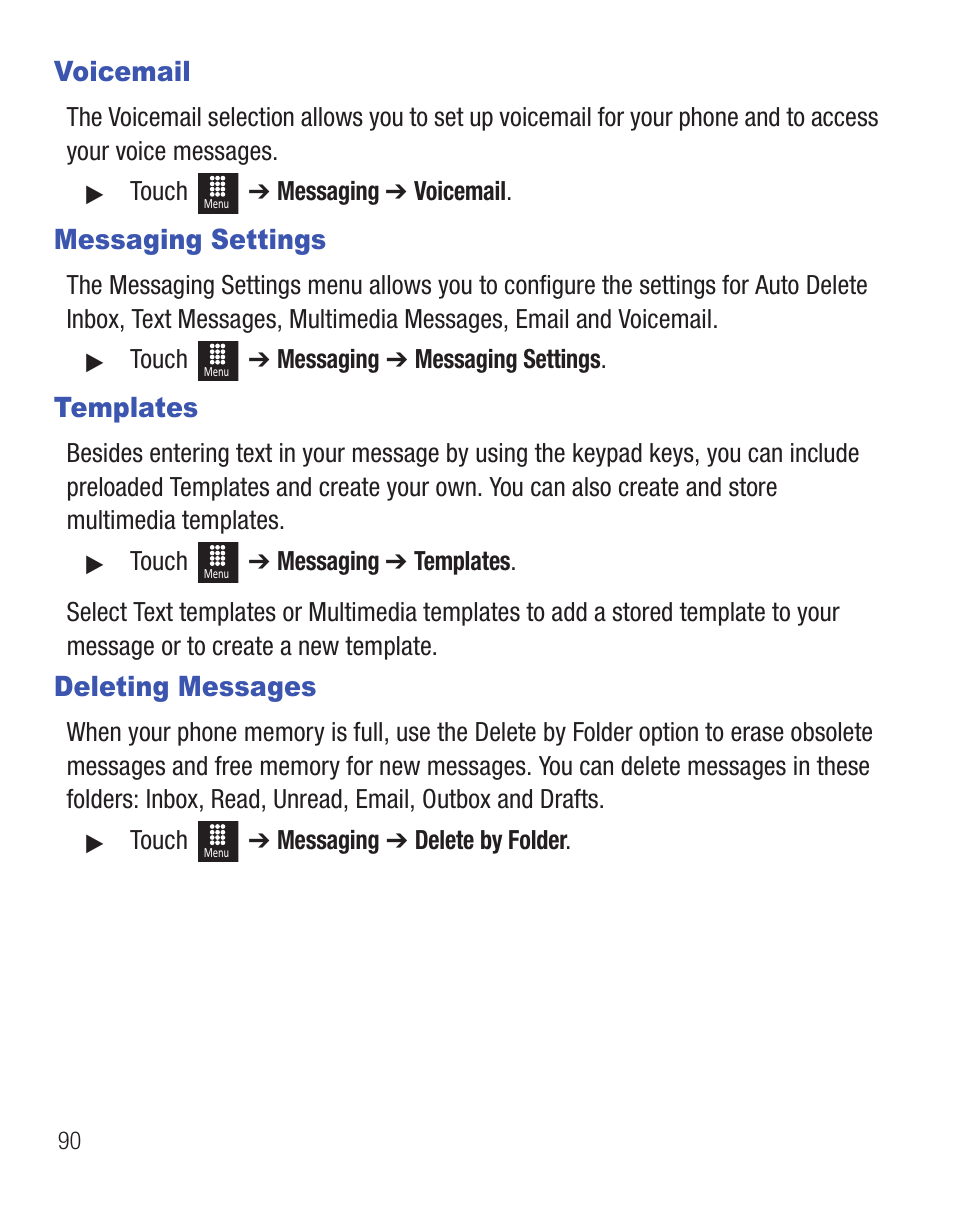 Voicemail, Messaging settings, Templates | Deleting messages | Samsung SGH-T528DBATFN User Manual | Page 94 / 157