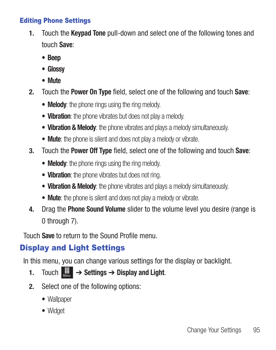 Display and light settings | Samsung SGH-T528DBATFN User Manual | Page 99 / 157