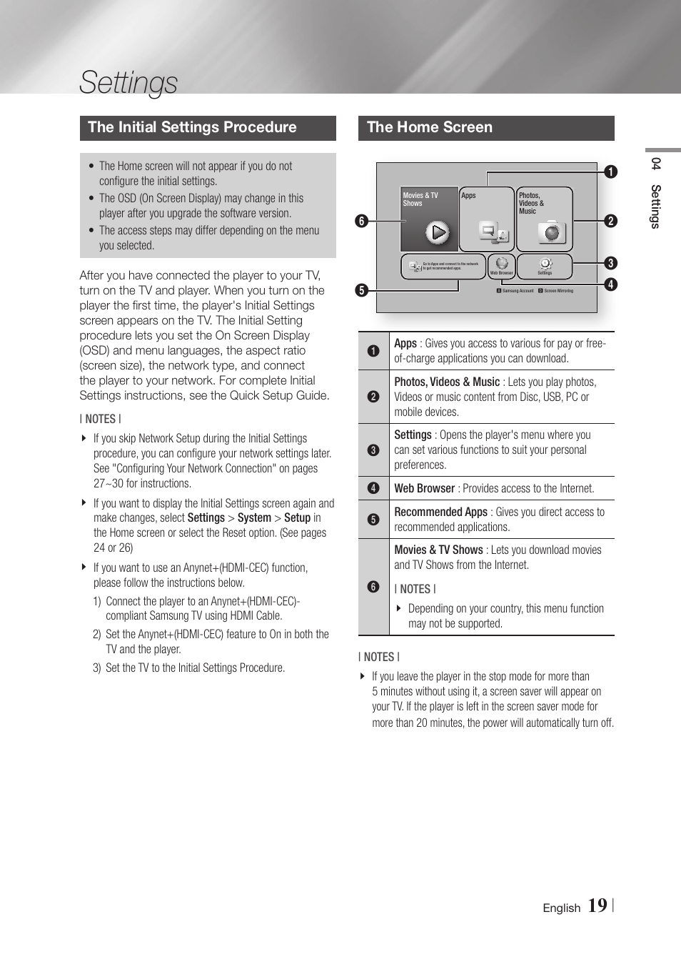 Settings, The initial settings procedure, The home screen | Samsung BD-F6700-ZA User Manual | Page 19 / 69