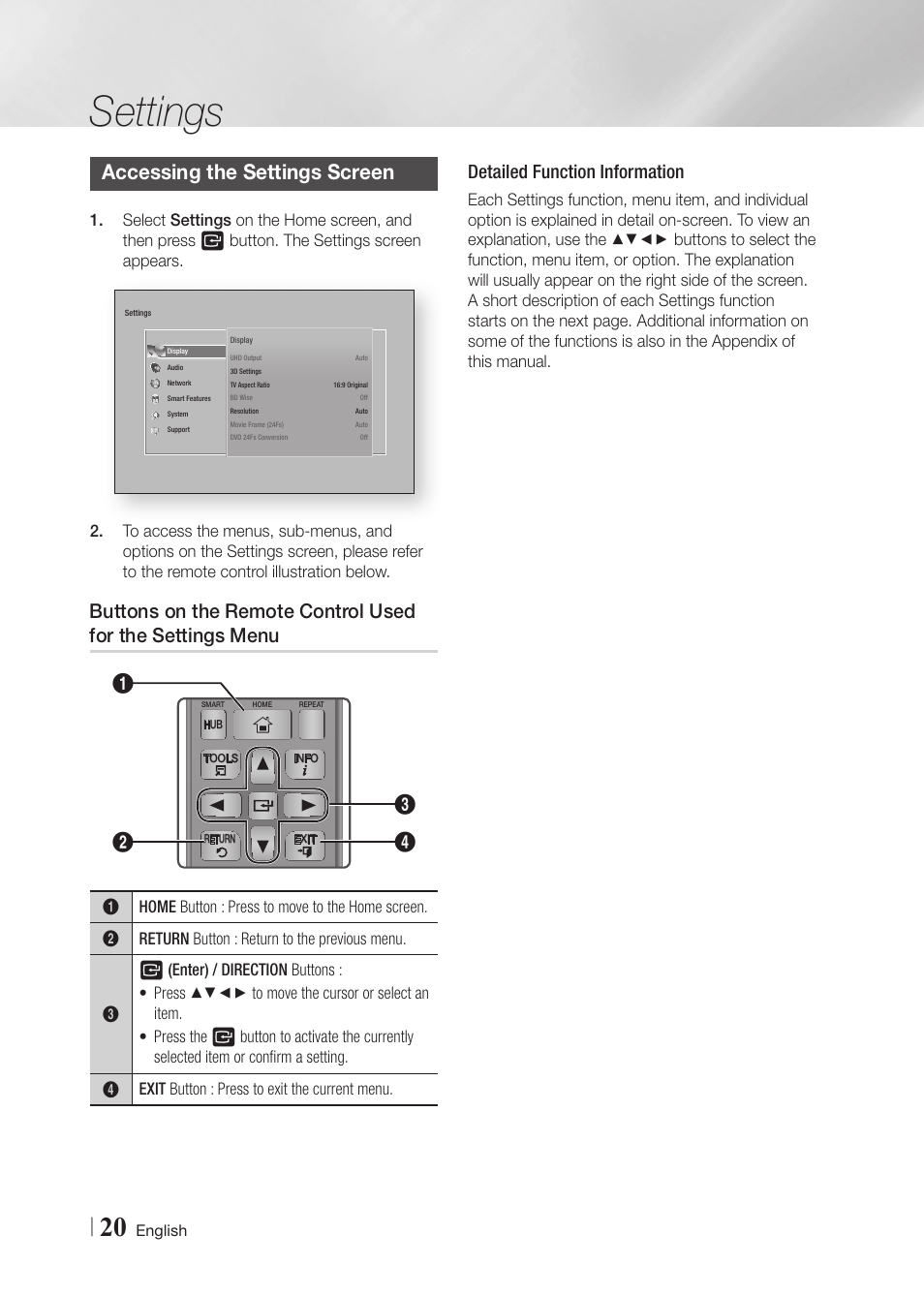 Accessing the settings screen, Settings, Detailed function information | Samsung BD-F6700-ZA User Manual | Page 20 / 69