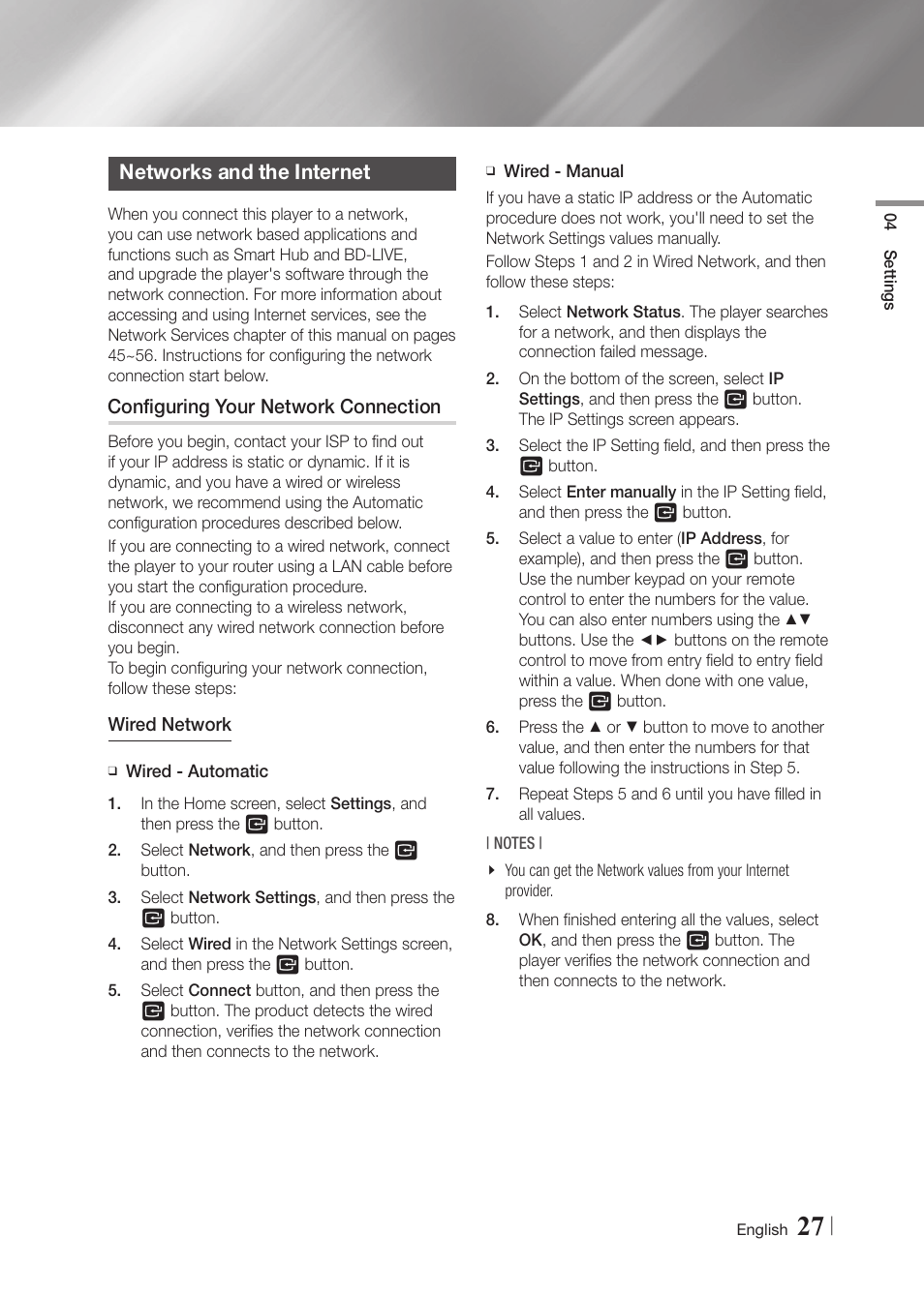 Networks and the internet, Configuring your network connection | Samsung BD-F6700-ZA User Manual | Page 27 / 69