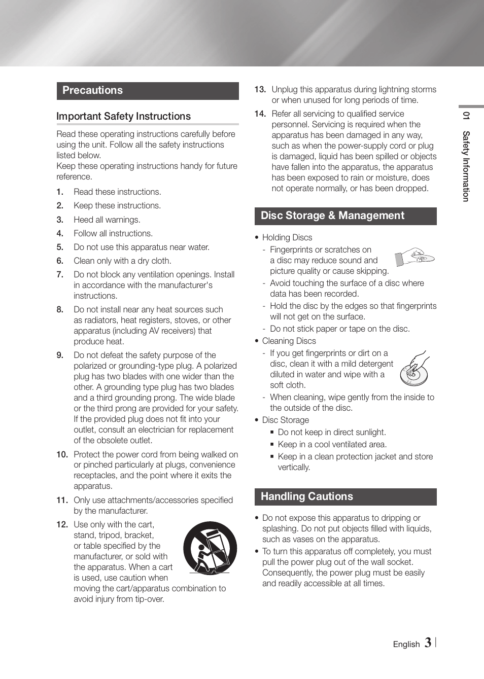 Precautions, Important safety instructions, Disc storage & management | Handling cautions | Samsung BD-F6700-ZA User Manual | Page 3 / 69