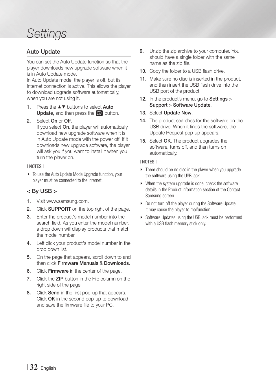 Auto update, Settings | Samsung BD-F6700-ZA User Manual | Page 32 / 69