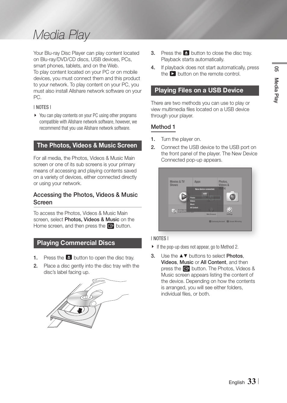 Media play, The allshare play screen, Accessing the allshare play screen | Playing commercial discs, Playing files on a usb device, The photos, videos & music screen, Accessing the photos, videos & music screen | Samsung BD-F6700-ZA User Manual | Page 33 / 69