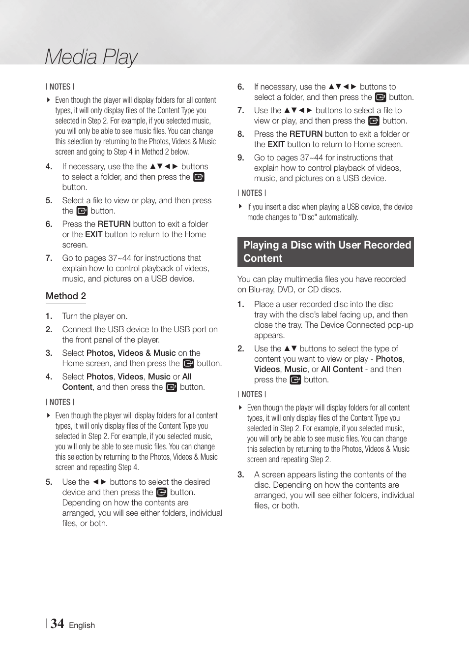 Playing a disc with user recorded content, Media play | Samsung BD-F6700-ZA User Manual | Page 34 / 69