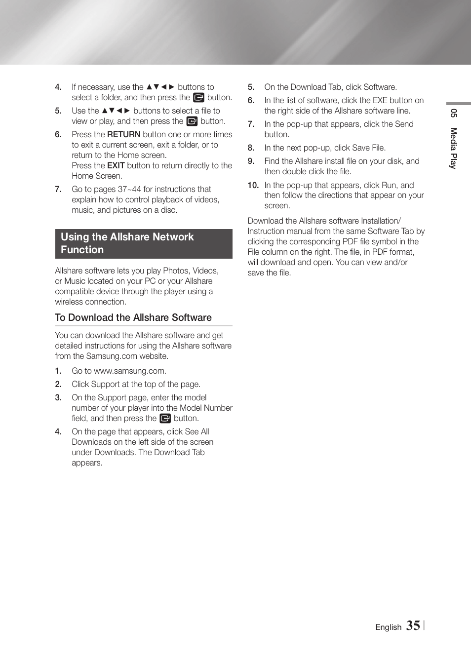 Using the allshare network function, To download the allshare software | Samsung BD-F6700-ZA User Manual | Page 35 / 69