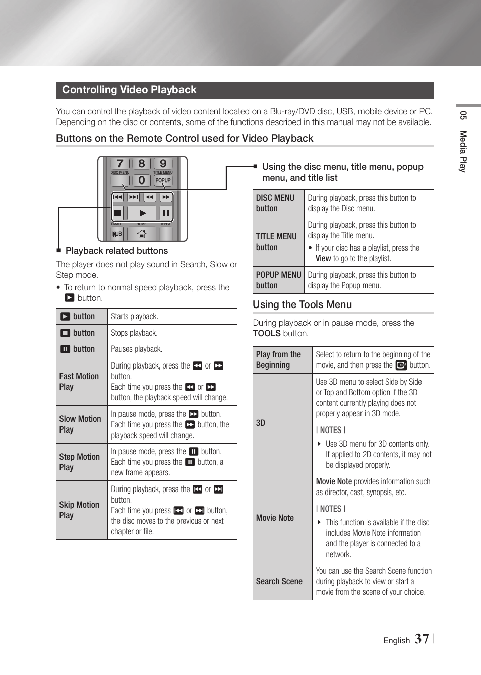Controlling video playback, Using the tools menu | Samsung BD-F6700-ZA User Manual | Page 37 / 69