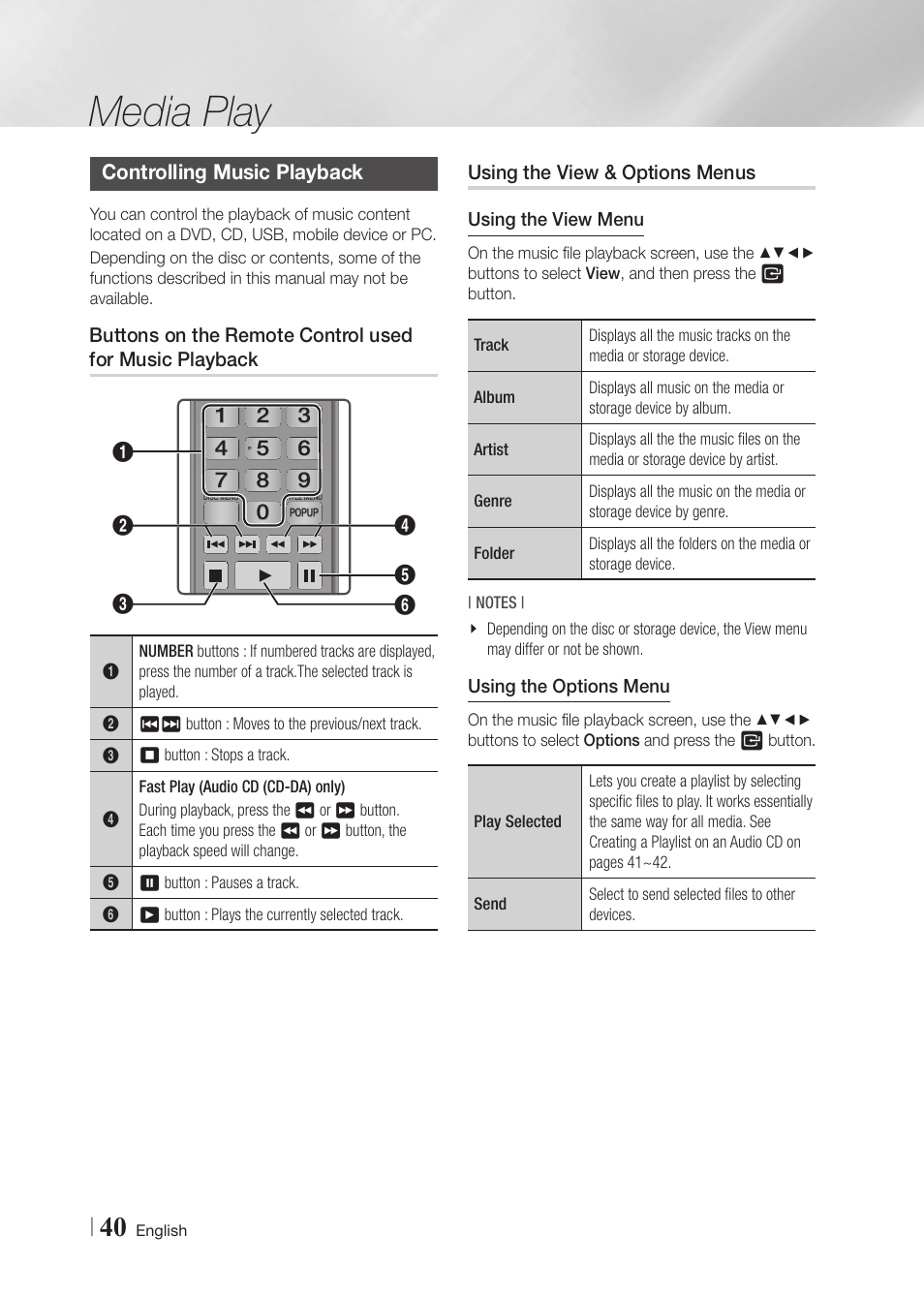 Controlling music playback, Using the view & options menus, Media play | Samsung BD-F6700-ZA User Manual | Page 40 / 69