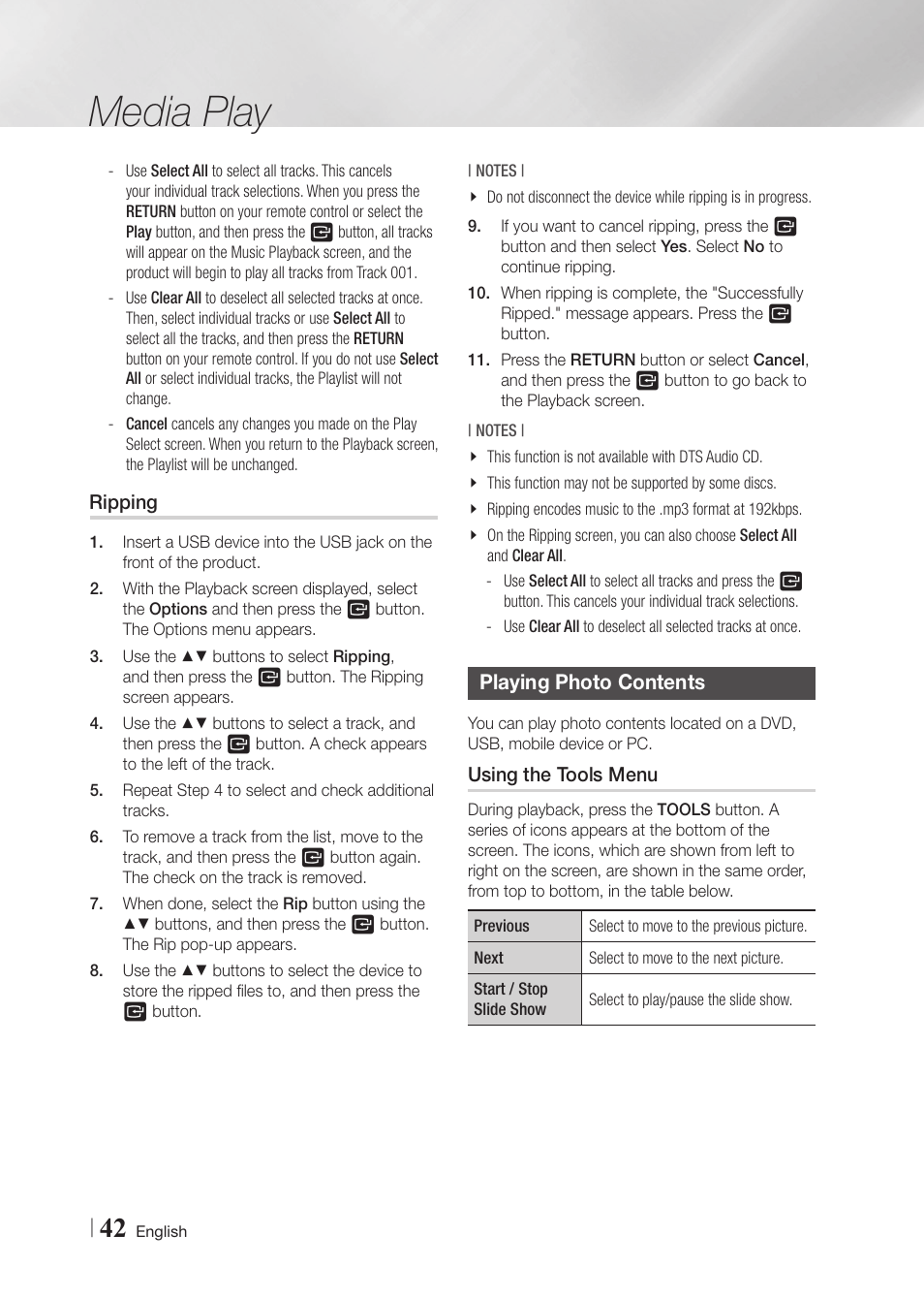 Ripping, Playing photo contents, Using the tools menu | Media play | Samsung BD-F6700-ZA User Manual | Page 42 / 69
