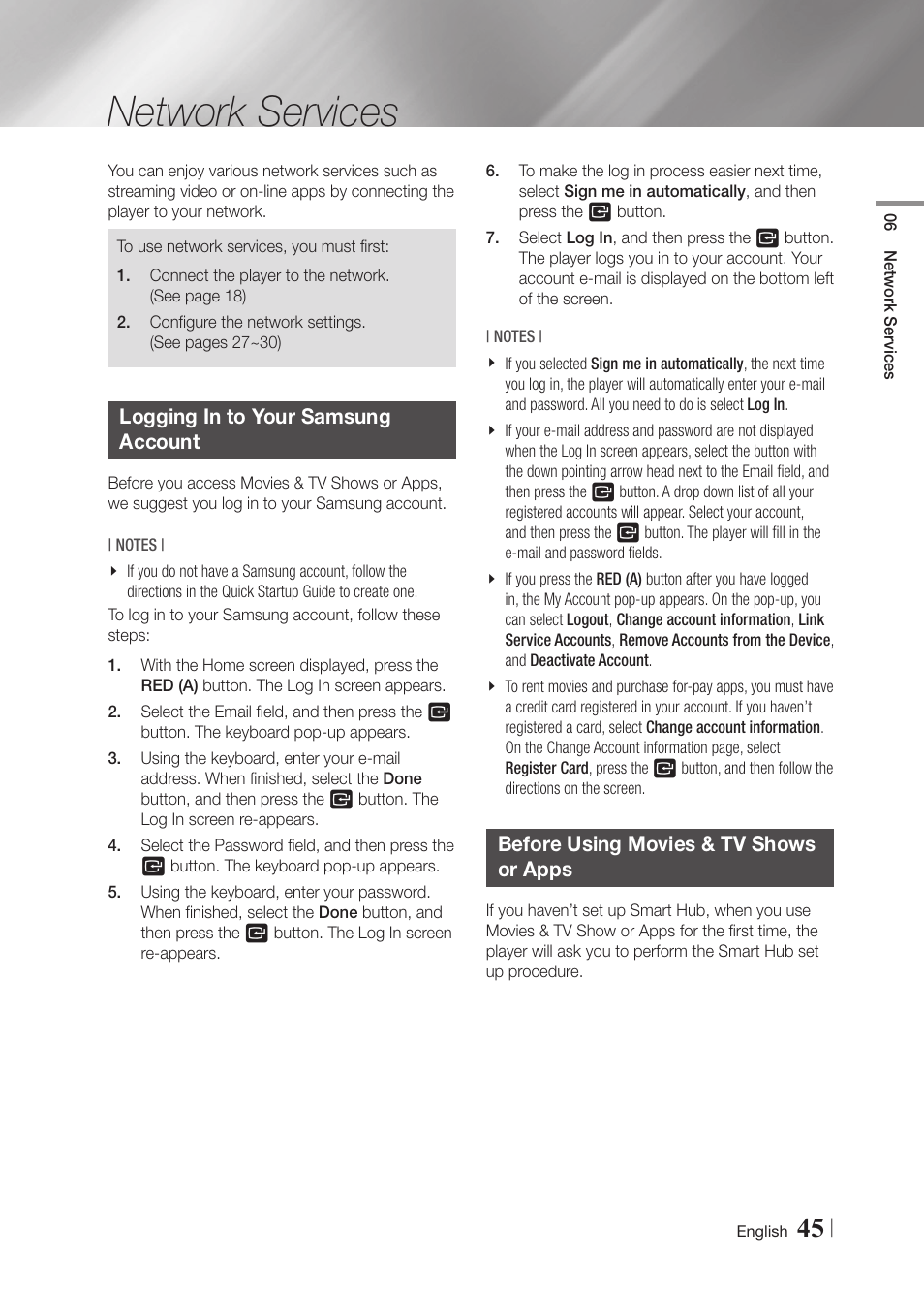 Network services, Logging in to your samsung account, Before using movies & tv shows or apps | Samsung BD-F6700-ZA User Manual | Page 45 / 69